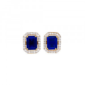 Royal Sapphire Teardrop Stud Earrings – Gold-Tone with Sparkling CZ Halo