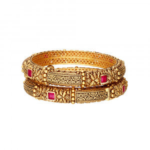 Antique Gold Bangle – Intricate Traditional Design with Ruby Accents