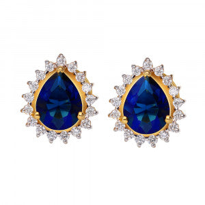 Royal Sapphire Teardrop Stud Earrings – Gold-Tone with Sparkling CZ Halo