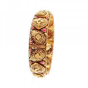 Antique Gold Bangle – Intricate Traditional Design with Ruby Accents